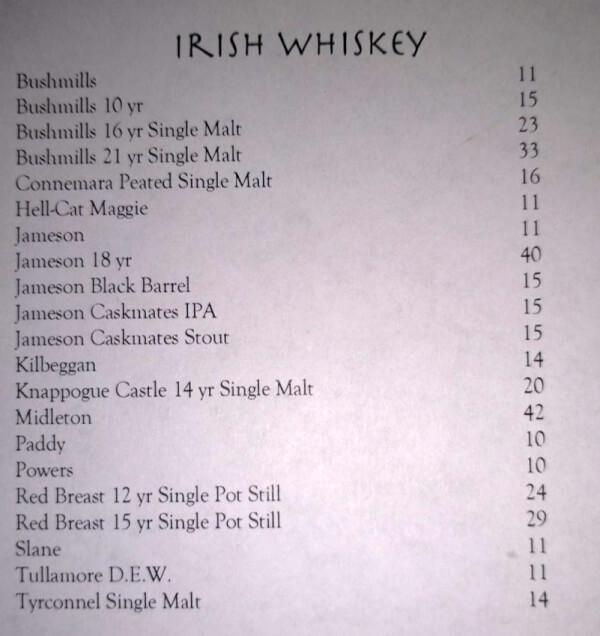 Irish Whiskey Menu